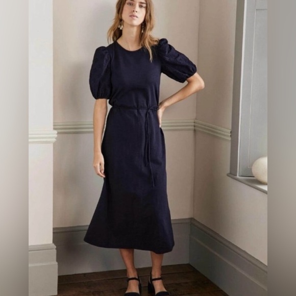 Boden Broderie Mix Jersey Midi Dress 8 Navy Blue Cotton Eyelet Puff Sleeves